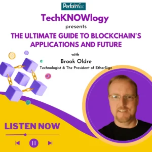 Graphic promoting TechKNOWlogy episode featuring Brook Oldre discussing blockchain applications and future.