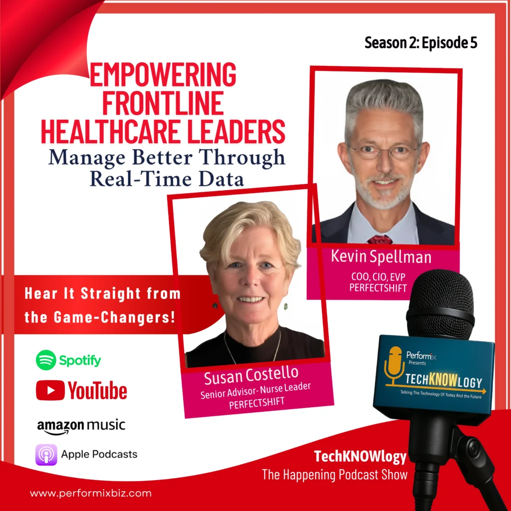 Podcast promotional graphic featuring Susan Costello and Kevin Spellman discussing healthcare leadership.