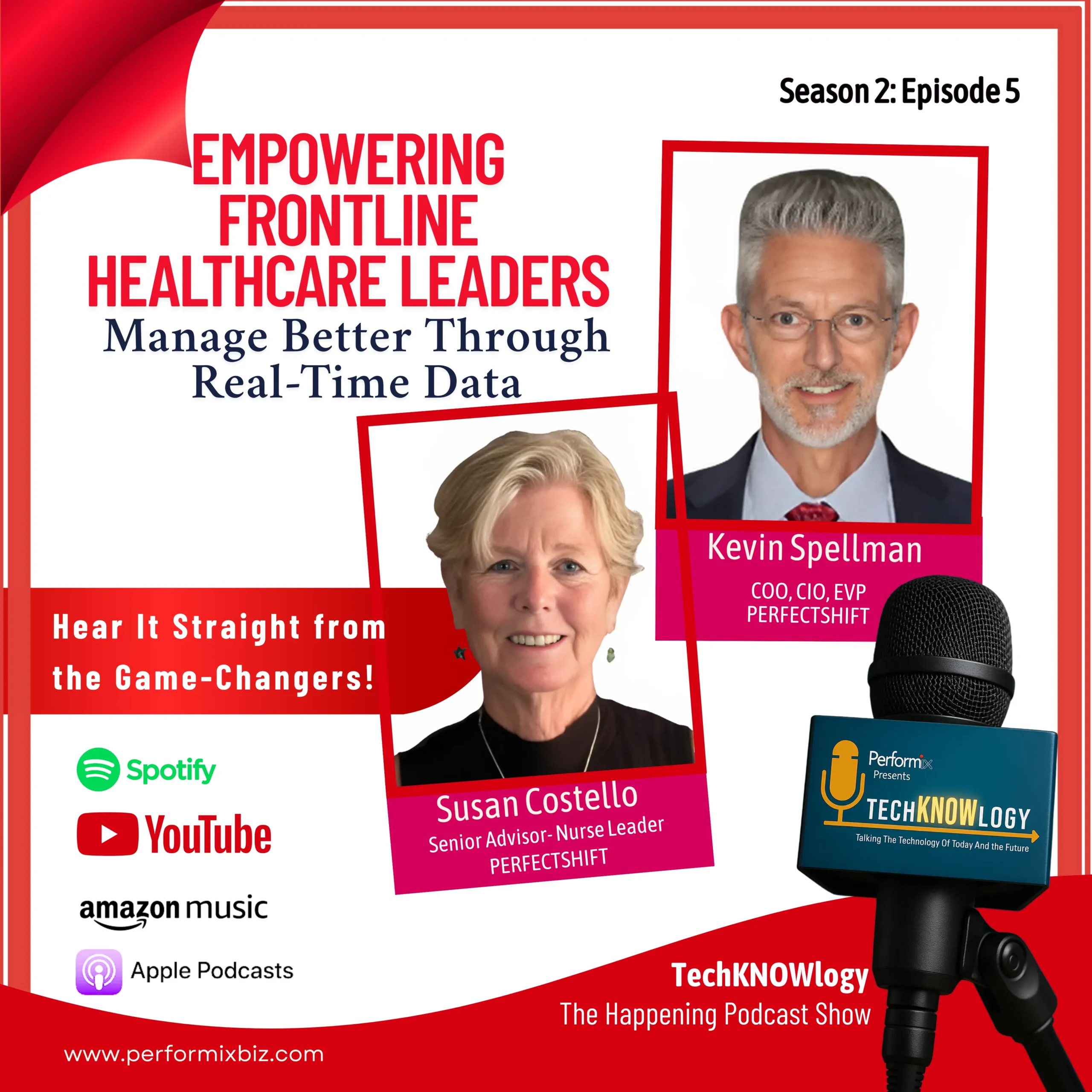 Podcast promotional graphic featuring Susan Costello and Kevin Spellman discussing healthcare leadership.
