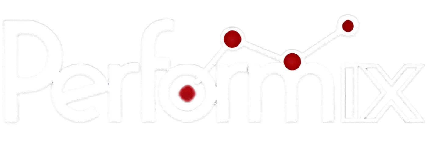 The word Performix in white text, with a line graph and three red dots integrated above the letters form, makes an ideal footer design for Elementor or any WordPress website.