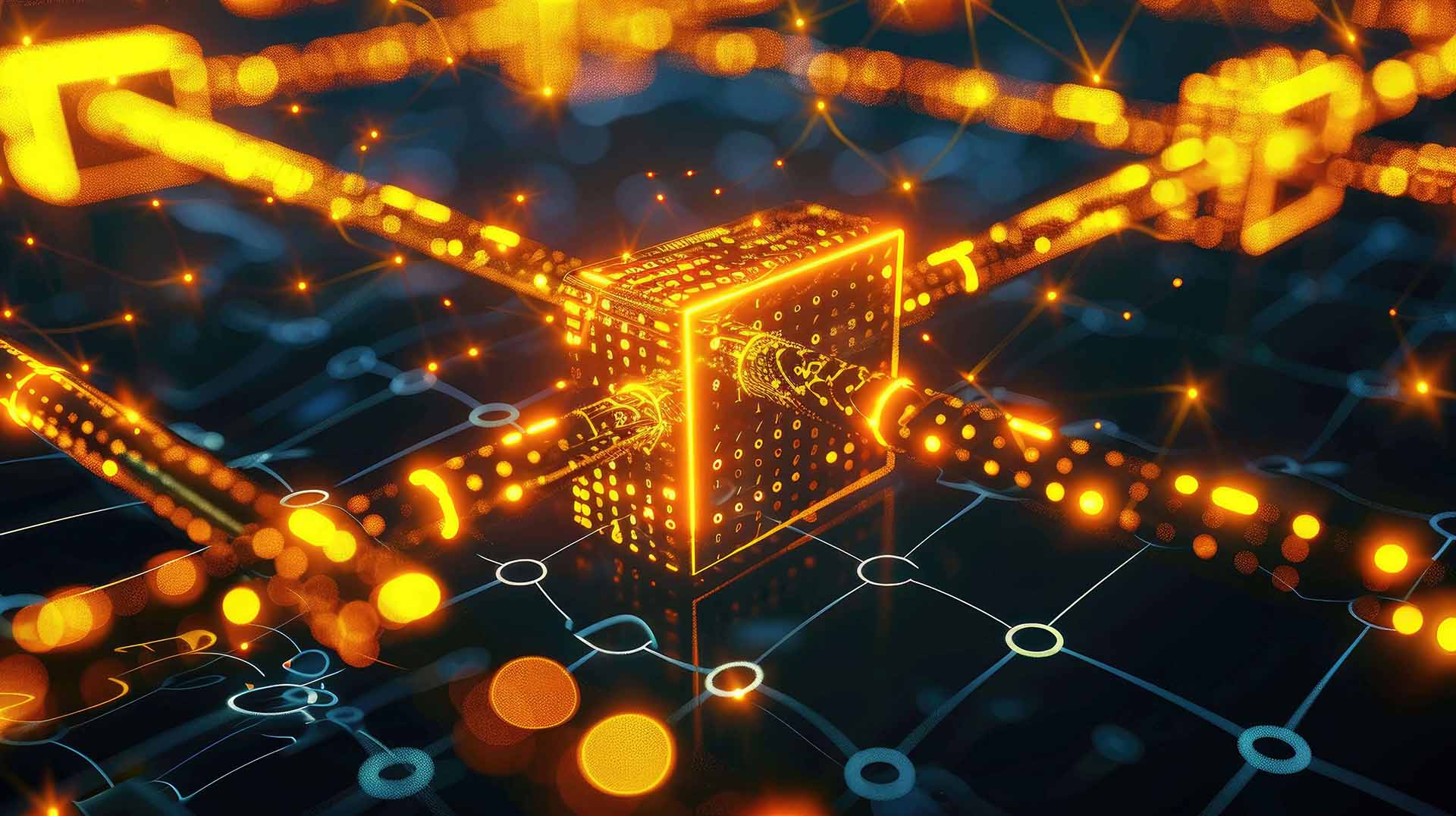 3D rendering illustrating blockchain technology with interconnected nodes and glowing elements.