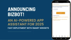 Announcement of BizBot, an AI-powered app assistant for 2025, displayed on a smartphone screen.