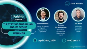 Promotional graphic for a webinar featuring speakers discussing blockchain technology and its future.