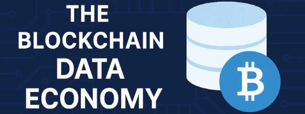 Graphic illustrating the concept of the blockchain data economy with a database icon and Bitcoin symbol.