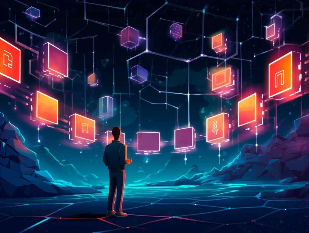 Cartoon illustration depicting a person observing floating blockchain icons in a digital environment.