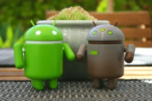 Two small android figurines, one green and one grey, stand side by side in front of a potted plant on an outdoor table—perfect for sparking inspiration in Android Development enthusiasts.