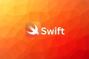 Swift programming language logo and text displayed on a geometric orange and yellow gradient background.