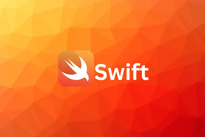 Swift programming language logo and text displayed on a geometric orange and yellow gradient background.