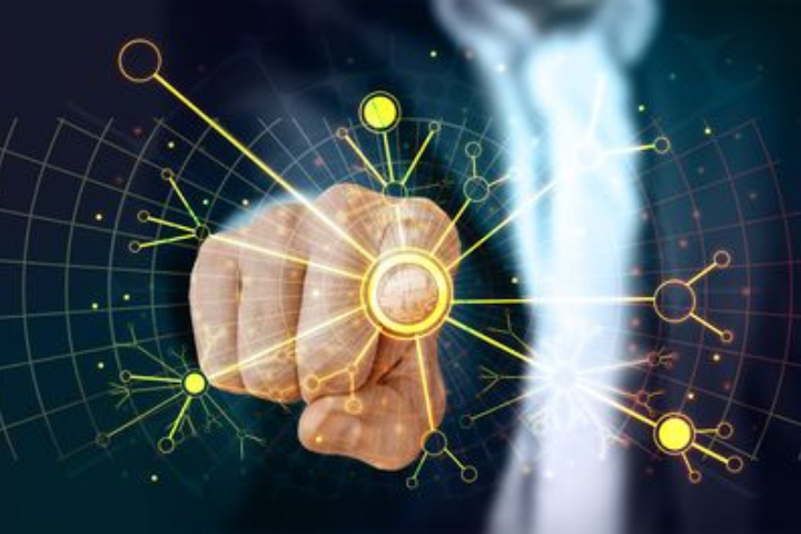 A person in a suit points at a glowing digital interface with interconnected nodes and lines, symbolizing technology or networking through web applications like Progressive Web Apps (PWAs).