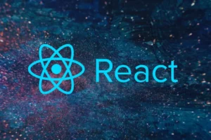 The React logo and the word React in blue appear on a blue and pink abstract background, highlighting the connection to React Native.