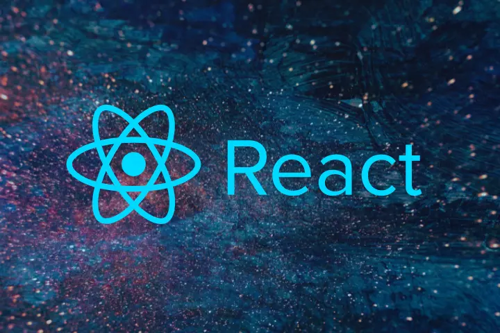 The React logo and the word React in blue appear on a blue and pink abstract background, highlighting the connection to React Native.