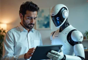 A man in a white shirt uses a tablet while a humanoid robot stands beside him, both focused on the device—collaborating on web development in a modern indoor setting.