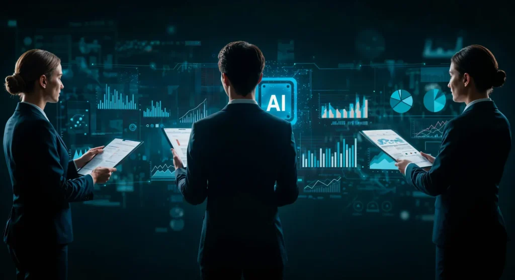 Three business professionals analyze data on tablets in front of a digital display featuring graphs, charts, and an AI symbol, showcasing their use of advanced analytics.