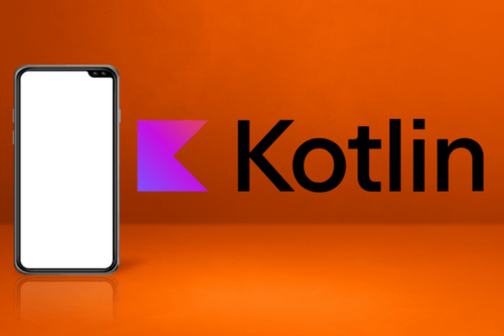 A smartphone with a blank screen is positioned beside the Kotlin logo on an orange background.