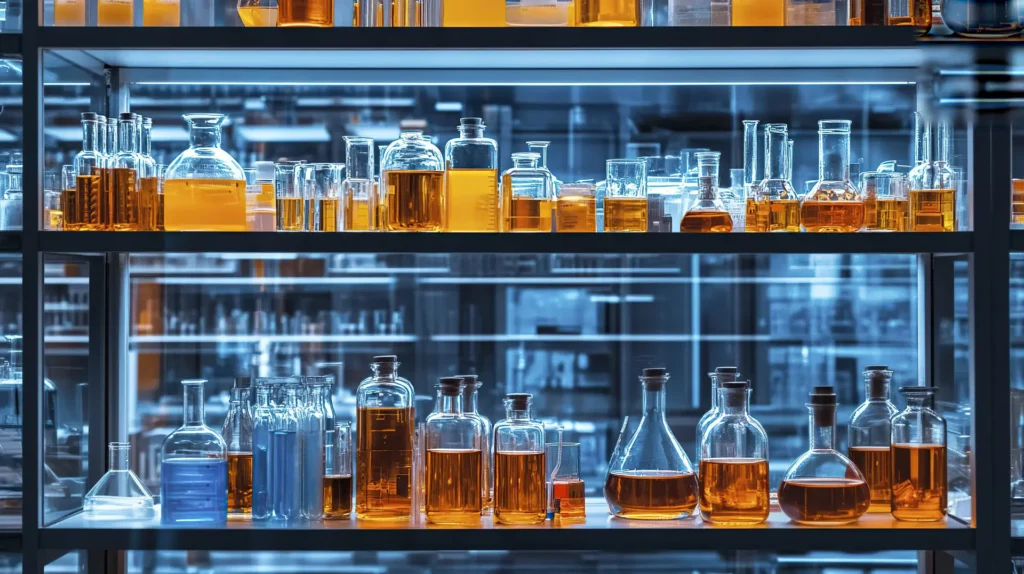 Various laboratory glass bottles and flasks filled with colored liquids on shelves.