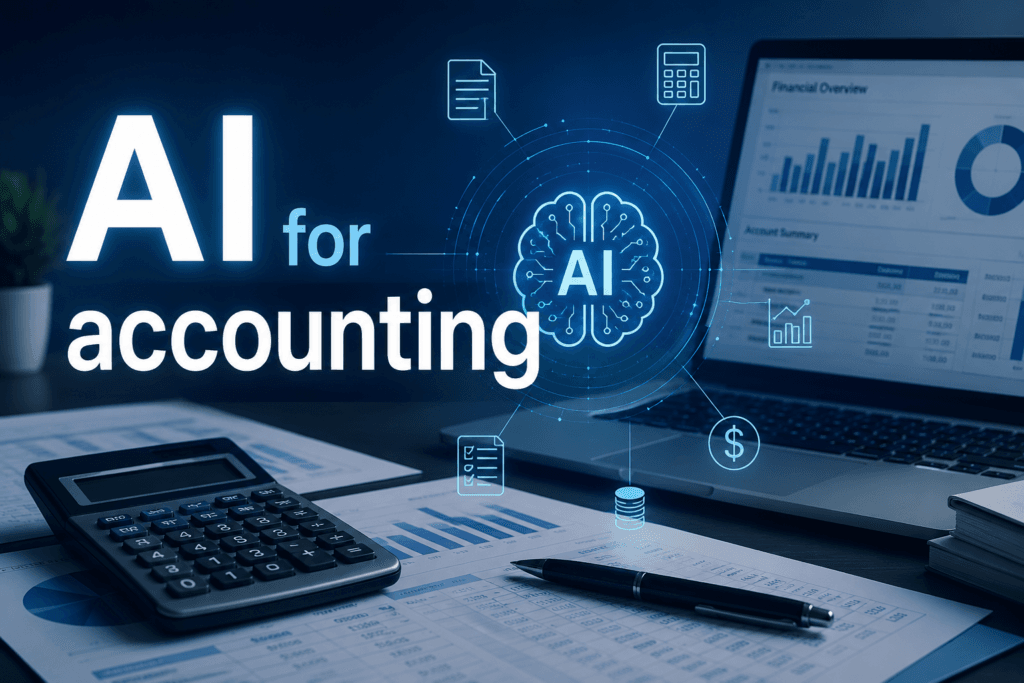 ai for accounting banner showing intelligent finance automation, ai powered accounting dashboards, and customized ai solutions by performix business service