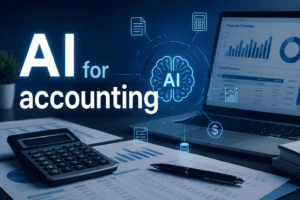 ai for accounting banner showing intelligent finance automation, ai powered accounting dashboards, and customized ai solutions by performix business service