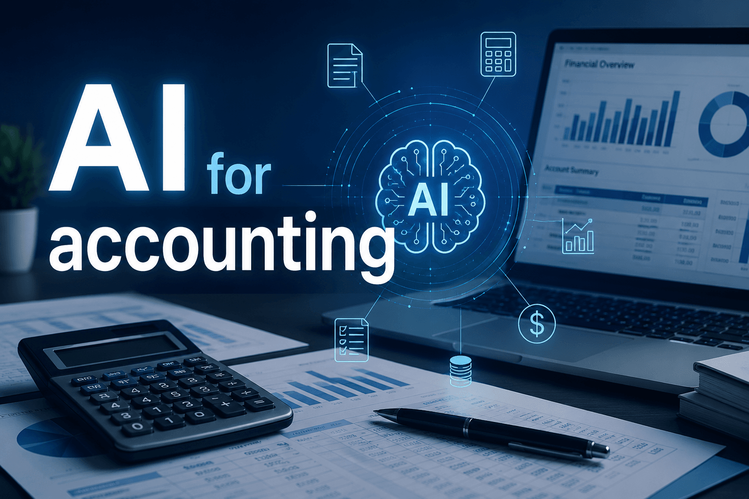 ai for accounting banner showing intelligent finance automation, ai powered accounting dashboards, and customized ai solutions by performix business service