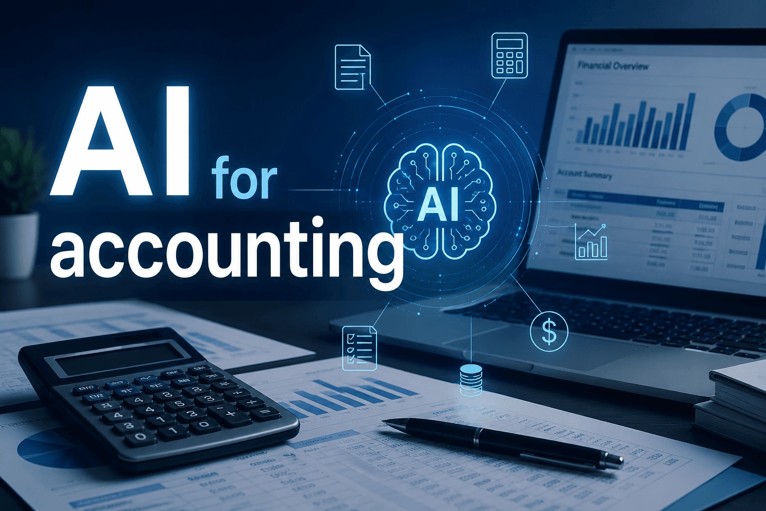 ai for accounting banner showing intelligent finance automation ai powered accounting dashboards and customized ai solutions by performix business service